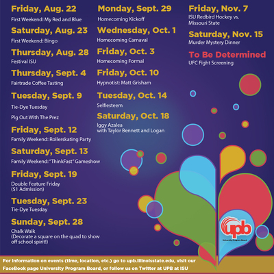 colorful magnet featuring list of college campus events for the semester surrounded by fun bubbles and balloons