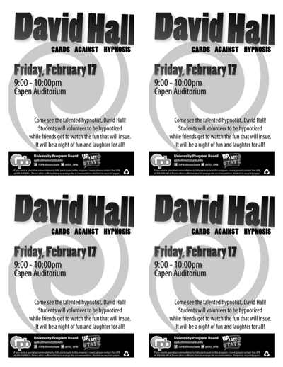 handbills for print for a college event for hypnotist David hall featuring a hypnotic swirl in the background