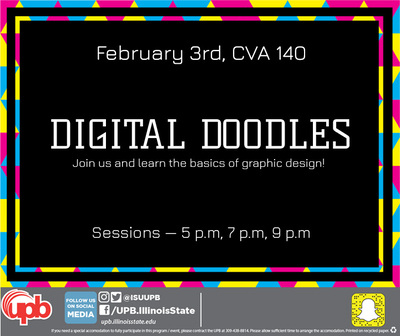 a colorful CMYK geometric TV screen advertising a university's event called Digital Doodles