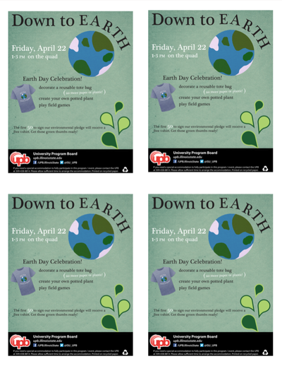 handbills to be printed for Earth Day at Illinois State University featuring leaves, the earth, and an environmentally friendly tee shirt