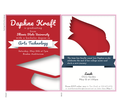 college graduation invites featuring paper cut out of a redbird and a graduation hat for an art major at Illinois State University