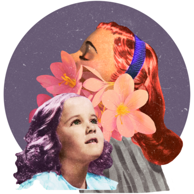 a young girl with purple hair admires a young woman with flaming red hair shielding herself behind a flower.