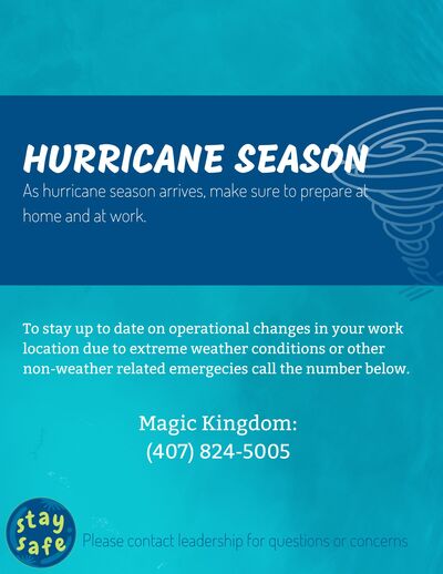 an informational poster for Magic Kingdom Cast Members reminding them of safety awareness for the upcoming hurricane season